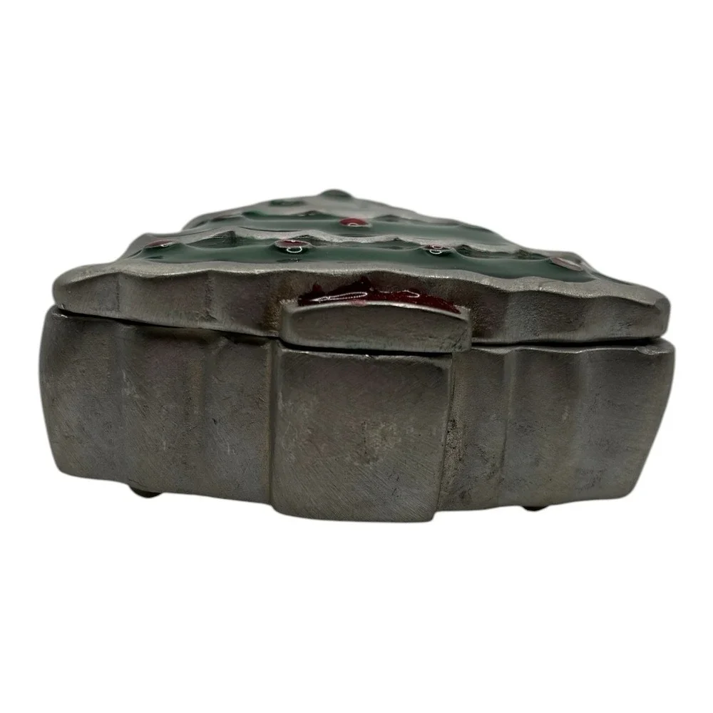 Christmas Tree Trinket Box Green Enamel Cast Metal Holiday Keepsake Gift Decor